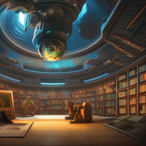 library on a spaceship, alien librarian, futuristic, realism